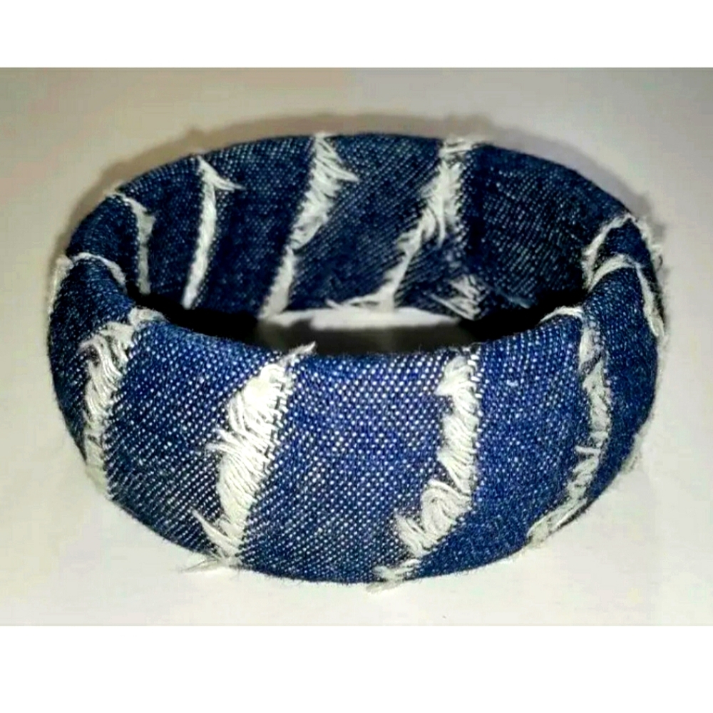 NEW Denim Bangle Bracelet! Women Fabric Handmade Jewelry. Blue.